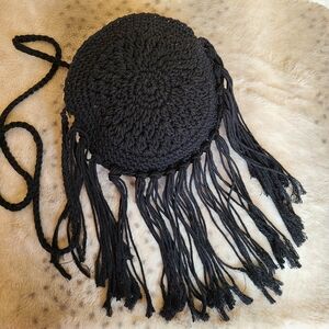 Elegant Black Fringe Crochet Crossbody Bag